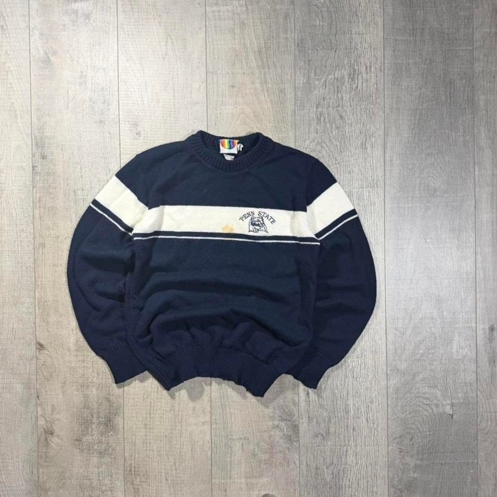 vintage 70s 80s navy blue and white striped acrylic itchy Penn State PSU sweater